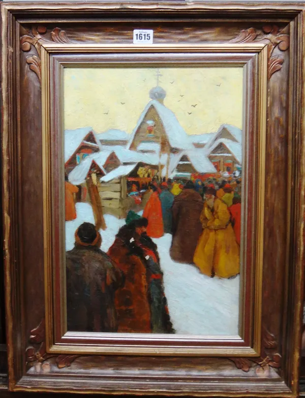 Manner of Andrei Petrovich Riabushkin, Village scene after church, oil on canvas, 45cm x 29.5cm.