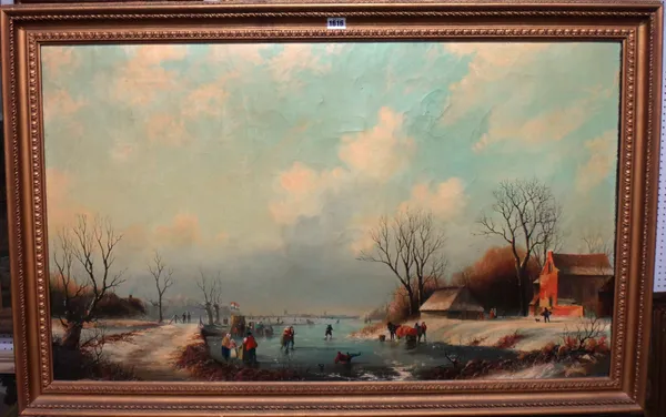 Dutch School, Figures skating in an extensive frozen Dutch winter landscape, oil on canvas, 60cm x 100cm.  Illustrated