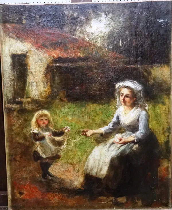 Circle of Edward Atkinson Hornel, Mother and daughter winding yarn, oil on canvas, unframed, 73cm x 58cm.