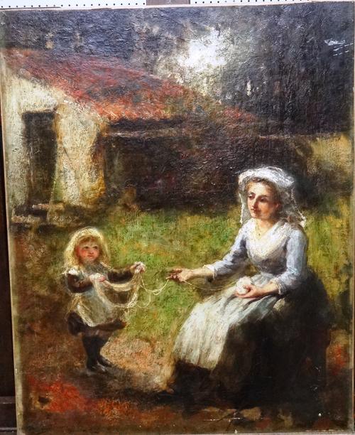 Circle of Edward Atkinson Hornel, Mother and daughter winding yarn, oil on canvas, unframed, 73cm x 58cm.