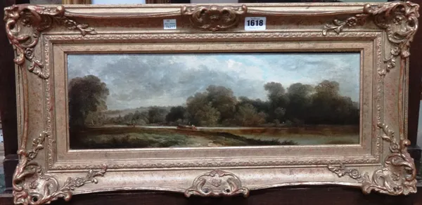 English School (19th century), River landscape, oil on panel, 15cm x 45cm.