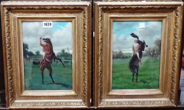Alfred Charles Havell (1855-1928), Rearing horse; Bucking horse, a pair, oil on canvas laid on board, both signed, each 24cm x 17cm.(2)  Illustrated