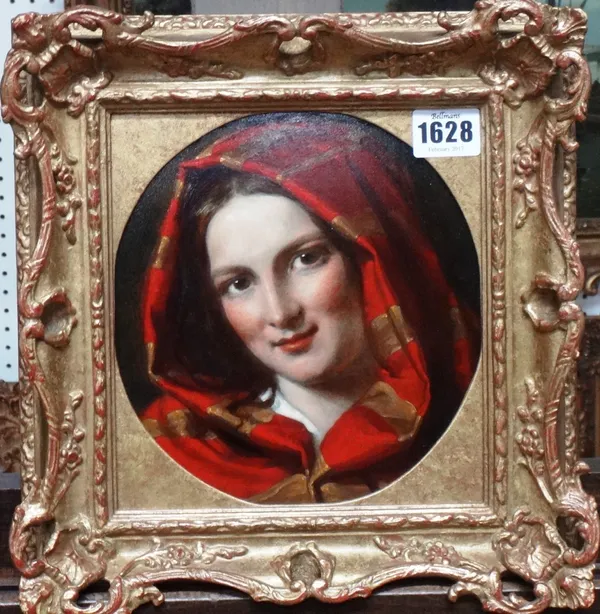 Circle of William Gale, The red shawl, oil on panel, oval, 19cm x 17cm.