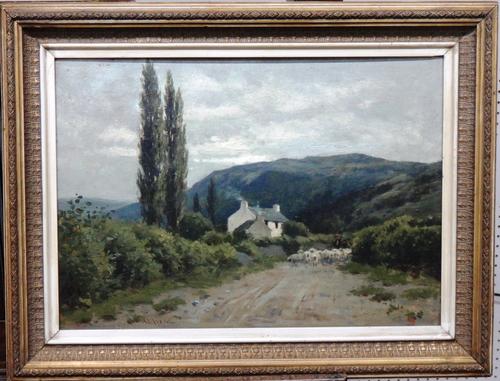 Peter Ghent (1856-1911), Sheep on a country road, oil on board, signed, 24cm x 34cm.