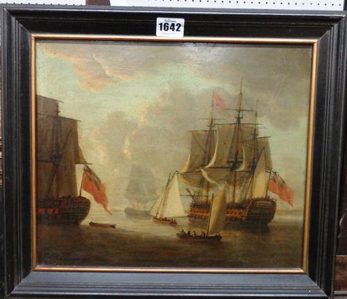 Circle of Dominic Serres, Two Men O'War, oil on metal, bears a signature, 27cm x 32cm.