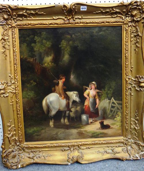 Circle of William Shayer, A meeting on a country lane, oil on canvas, 65cm x 57cm.