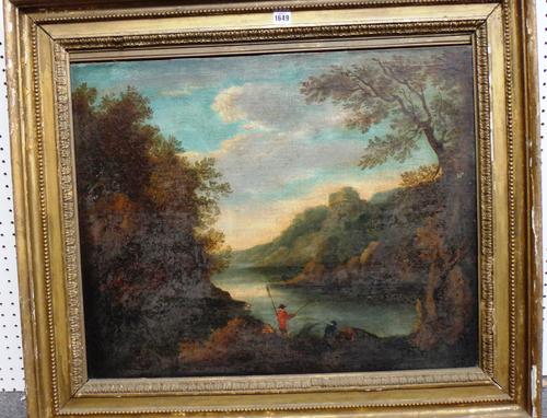 Continental School (early 19th century), Anglers in a wooded river landscape, oil on canvas, 59cm x 74cm.