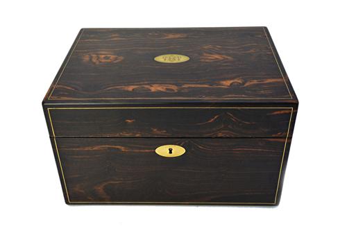 A Victorian brass inlaid coromandel rectangular jewellery box with fitted interior, 29cm wide x 17cm high.  Illustrated
