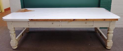 C. Wilson 1918, an early 20th century white painted pine country house scullery table, with four frieze drawers, on turned supports, 110cm wide x 246c