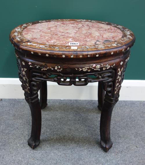A late 19th century Chinese mother-of-pearl inlaid hardwood urn stand, the marble inset oval top above pierced frieze on four lions paw feet, 46cm wid