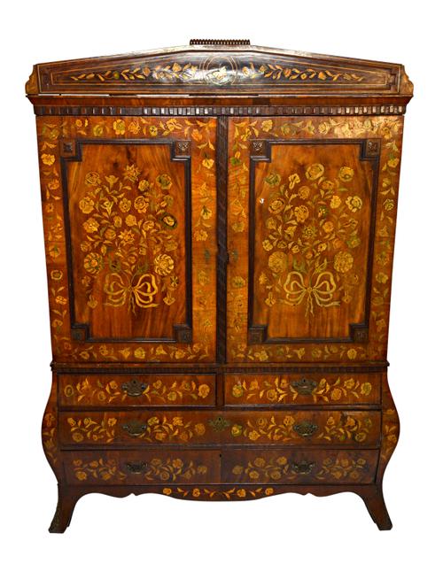 An 18th century Dutch floral marquetry inlaid linen press, with pair of panelled doors over bombe base of two short and two long drawers, 167cm wide x