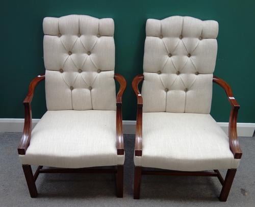 A pair of American 18th century style Gainsborough open armchairs, on channelled square supports, each 70cm x 110cm high, (2).
