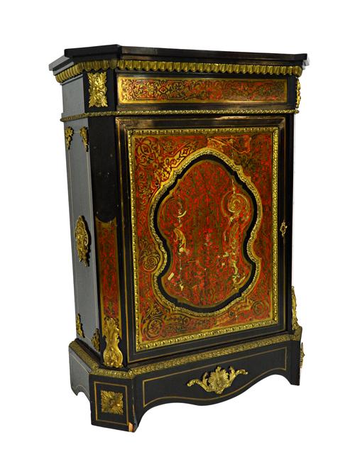 A mid 19th century ebonised and boulle work single door side cabinet, on plinth base (one caryatid mount lacking) 93cm wide x 120cm high.  Illustrated