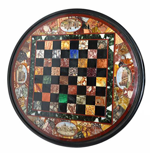 A 19th century circular micromosaic table top, signed in paint to the underside 'E. Tombini, 74 Piazza Si Spagra, Roma', on later metal stand, 45cm wi