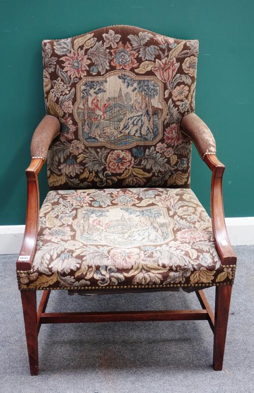 A George III mahogany framed Gainsborough open armchair, on tapering square supports, 65cm wide x 103cm high.