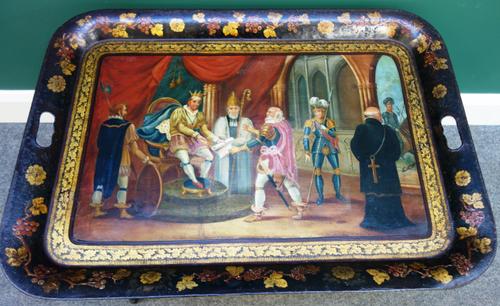 A Regency (later painted) rectangular metal tray, depicting the signing of the Magna Carta, on later faux bamboo base, 77cm wide x 49cm high.