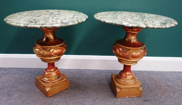 A pair of 20th century giltwood and faux marble circular occasional tables, each 57cm wide x 61cm high, (2).