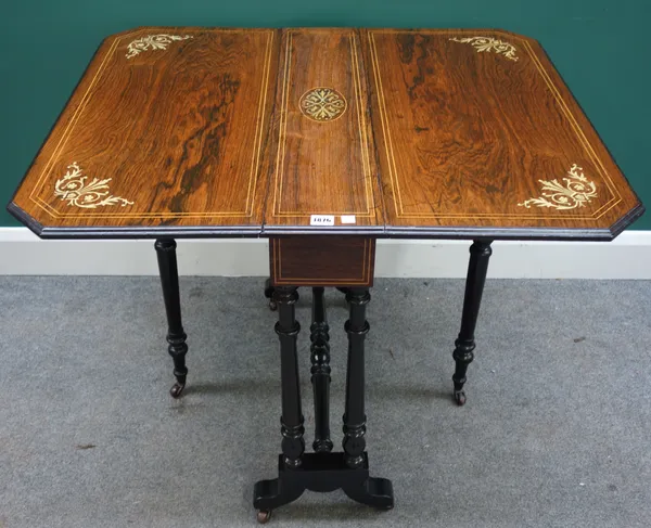 An Edwardian bone marquetry inlaid Sutherland table, 77cm wide x 18cm long x 90cm long opened.