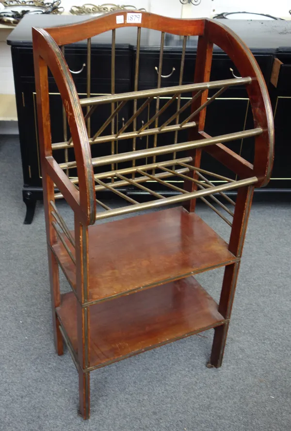 An early 20th century French brass inlaid mahogany magazine stand, 47cm wide x 108cm high.