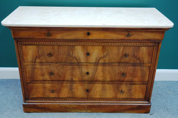 A 19th century French commode, with marble top over inlaid walnut four drawer base, 129cm wide x 88cm high.