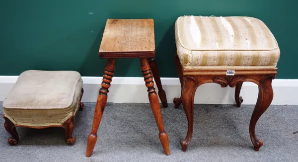 A Louis XV style carved rosewood footstool, 38cm wide x 50cm high, together with two further stools, (3).