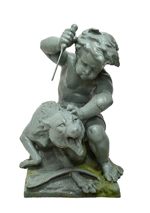 After Mathurin Moreau; a Val d'Osne foundry cast iron group of a boy and wolf, representing Europe, French, last quarter 19th century, 64cm wide x 94c