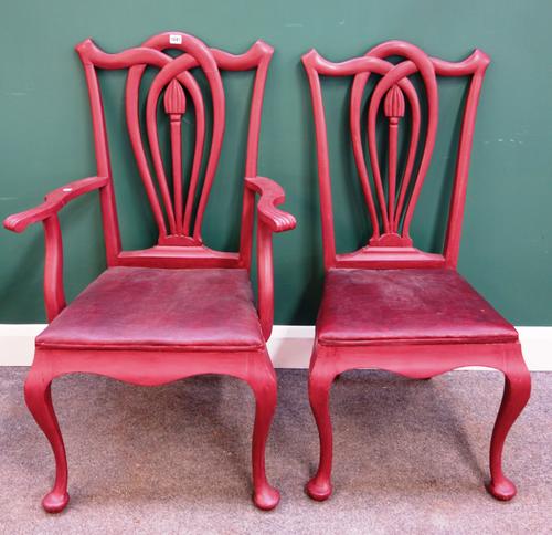 A set of ten red painted early 20th century continental dining chairs, to include a pair of carvers (10).