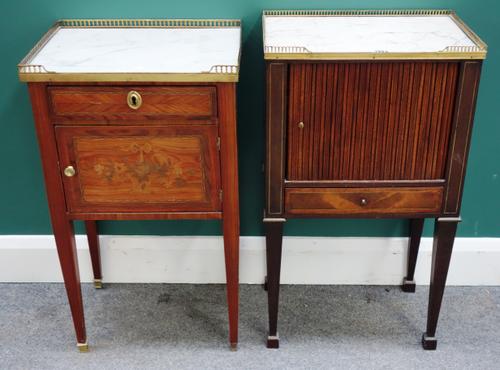 A 19th century French brass galleried marble top mahogany side table, 44cm wide x 77cm high, together with another similar, 43cm wide x 74cm high, (2)