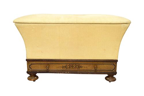 A Victorian lozenge shaped lift top Ottoman, on painted single drawer base, 110cm wide x 70cm high.  Illustrated