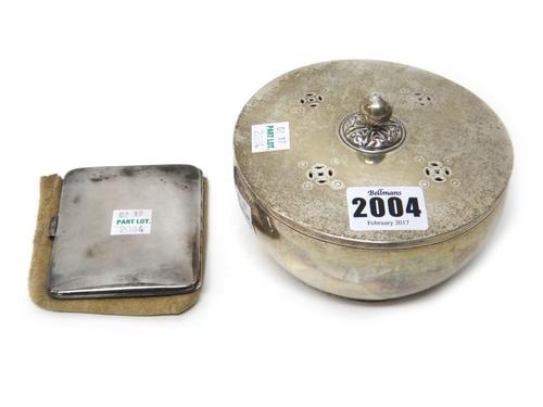 An Oriental pot pourri bowl and detachable cover, with pierced decoration to the cover, having a spherical finial and a silver rectangular cigarette c