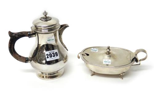 A baluster shaped hot water jug, with an ebonised handle, detailed 900, gross weight 367 gms and a large mustard pot, having a decorated rim, raised o