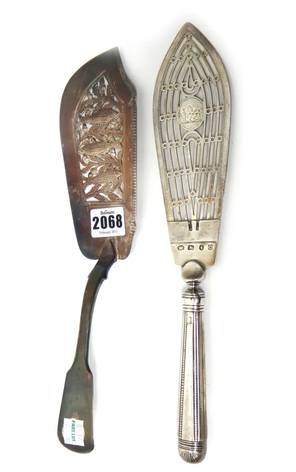 A George IV silver fiddle pattern fish slice, pierced and engraved with three fish and with acorn sprays, London 1827 and a silver fish slice with pie