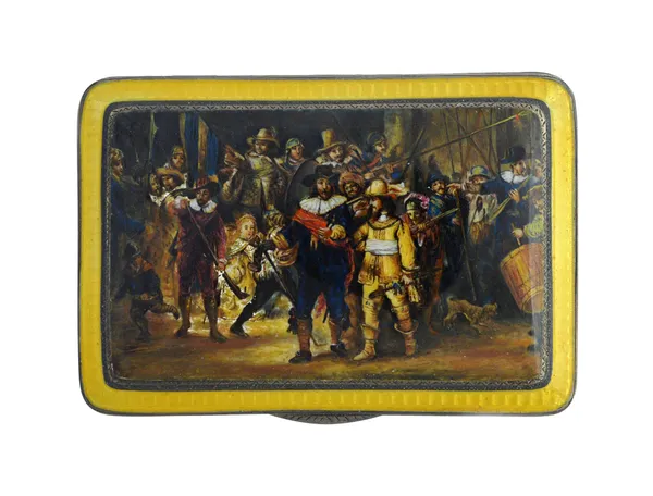 A silver gilt and enamelled rectangular hinge lidded box, the cover enamel decorated with 'The Night Watch' after Rembrandt, within an engine turned y