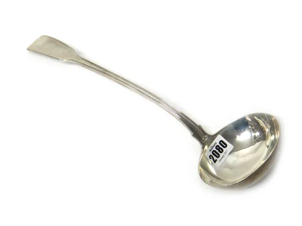 A late George III silver double struck fiddle and thread pattern soup ladle, London 1819, weight 245 gms.