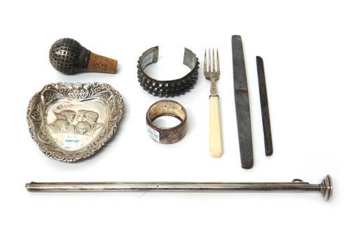 Silver and silver mounted wares, comprising; a late Victorian taper holder and flame extinguisher for a spirit kettle by S. Mordan & Co, London 1899,
