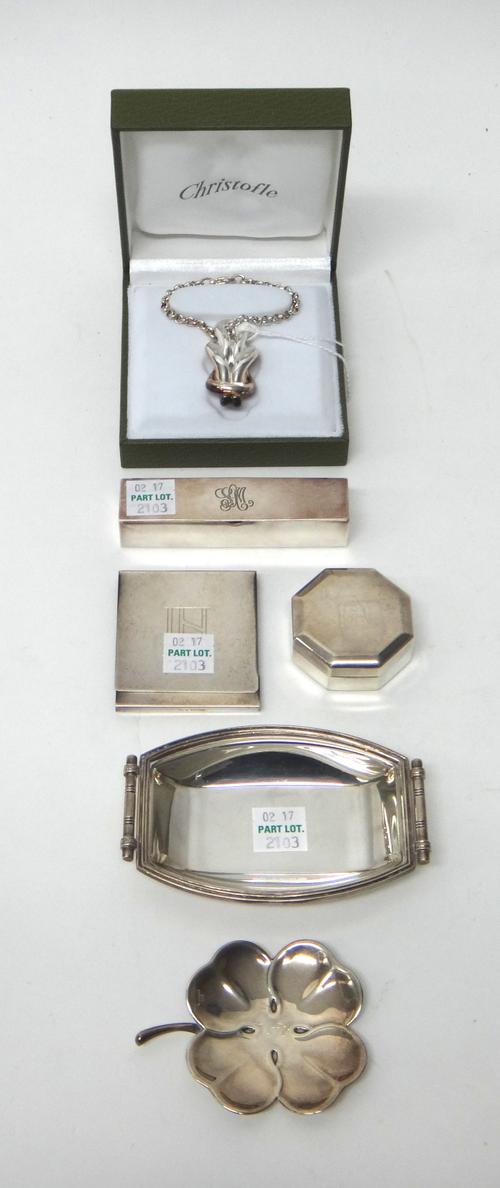 A small curved rectangular twin handled dish, detailed VOURAKIS 925, a quatrefoil shaped dish, an octagonal box, with a pull-off lid, detailed VOURAKI