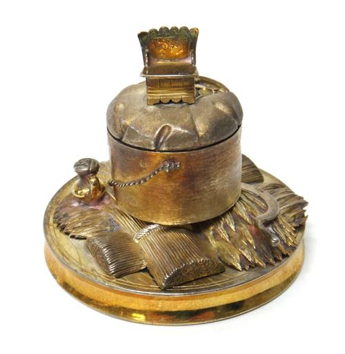 Three Russian gilt fittings from the cover of a container, comprising; a circular box and cover, the finial formed as a chair, the central section bei