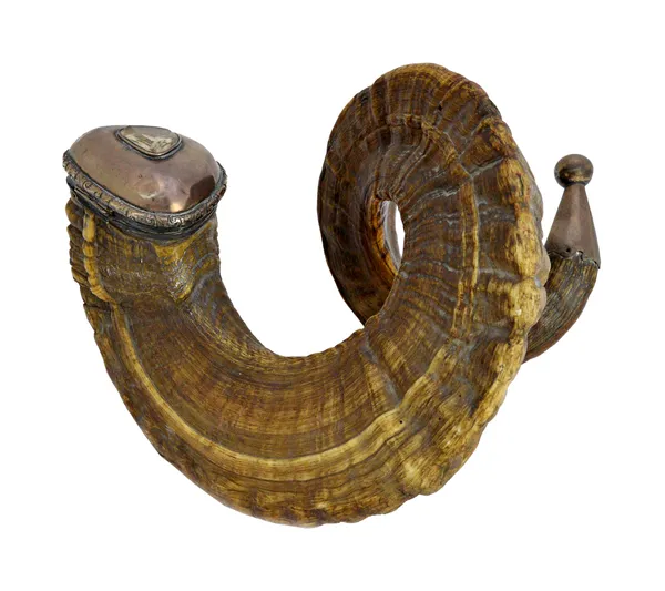 A rams horn table snuff mull, the hinged cover mounted with a faceted cairngorm, fitted with three chains and two implements and with a bead terminal