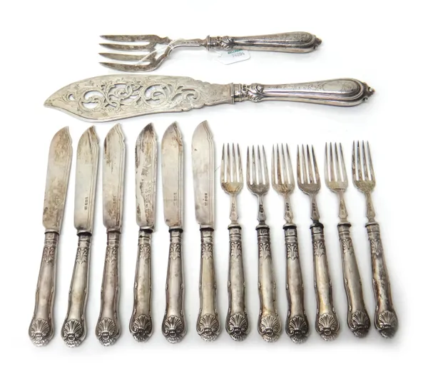 Late Victorian silver fish service table flatware, comprising; six fish knives, Sheffield 1890, six fish forks, Sheffield 1889, a fish serving slice,