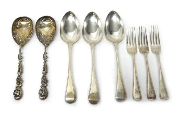 Silver flatware, comprising; a pair of Victorian spoons, with fig shaped bowls, cast and pierced with floral and foliate decoration, London 1893, thre