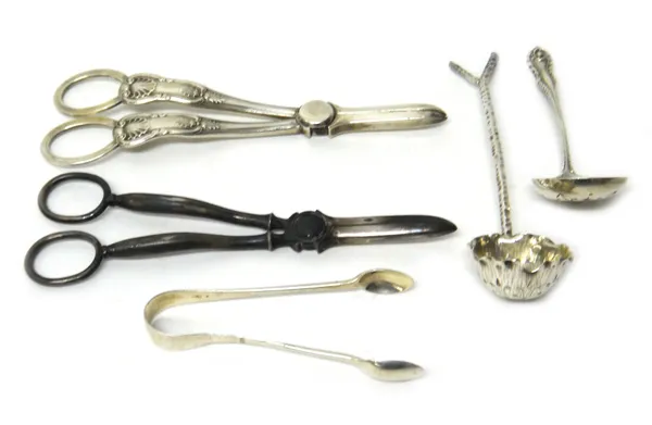 Silver, comprising; a pair of King's pattern grape scissors, another pair of grape scissors, Sheffield 1901, a pair of sugar tongs and two sugar sifti