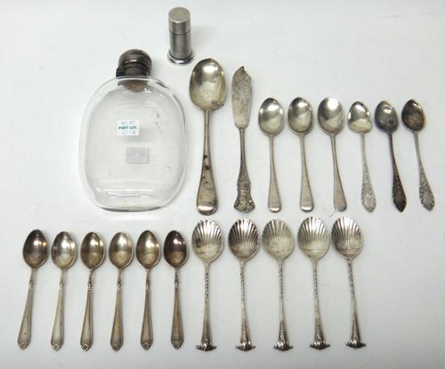 Silver and silver mounted wares, comprising; an oval glass spirit flask, Sheffield 1891, a fine spice caster, with engine turned decoration, London 19