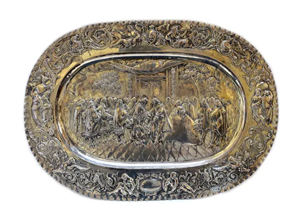 A German large oval wall plaque depicting the meeting of Louis XIV, King of France and Phillip IV, King of Spain, in 1660, for the ratification of the