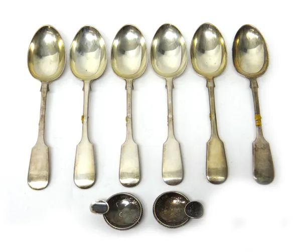 A set of six late Victorian silver fiddle pattern dessert spoons, London 1899, weight 311 gms and two ashtrays made from Spanish five pesetas coins 18