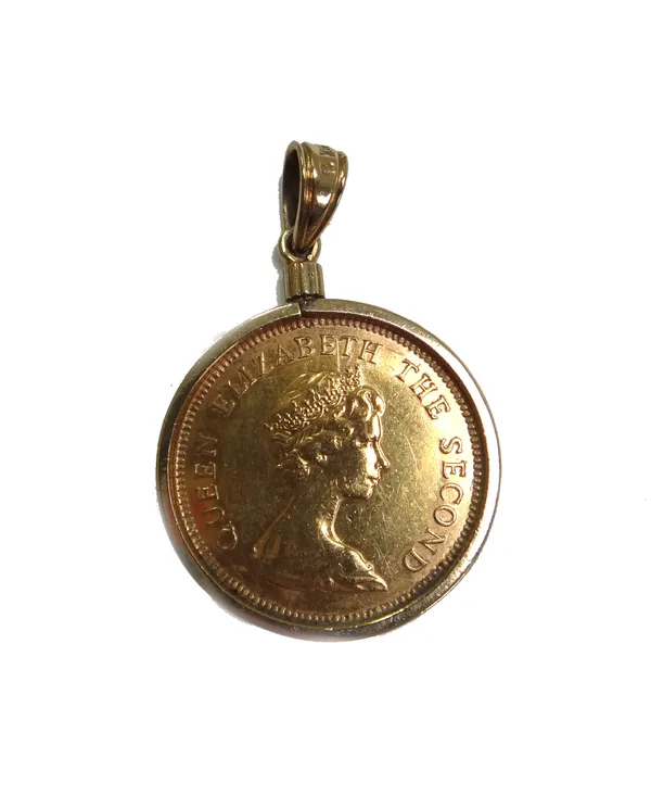 A Hong Kong gold one thousand dollars 1975, commemorating The Royal Visit, in a gold pendant mount, the top detailed 18 K, cased.  Illustrated