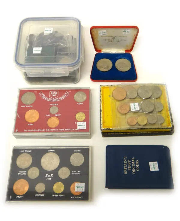 A collection of British and foreign coins, including; crowns, comprising;  1935, two 1951 with boxes, three 1953, two 1960 and two Churchill 1965 with