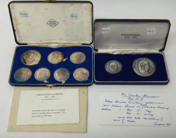 A set of seven silver proof medallions, commemorating Coronations and Jubilees 1837 - 1953, with the original John Pinches, London case and a pair of