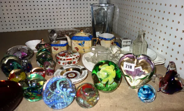 A group of ceramics and collectables, including a copper oil lamp, glass models of fruit, marble eggs and sundry, (qty).  SH12