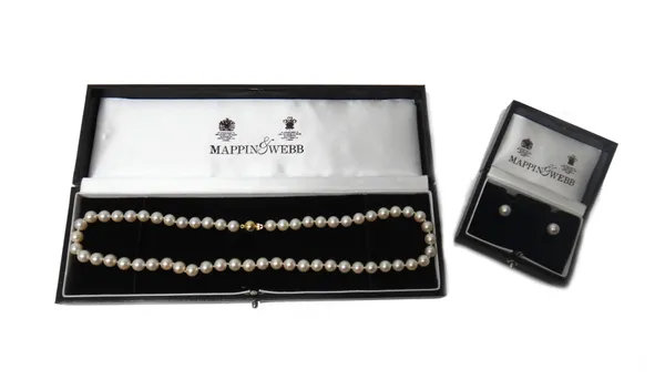 A single row necklace of uniform cultured pearls, on a gold spherical clasp, detailed 750, with a Mappin & Webb case and a pair of gold mounted single