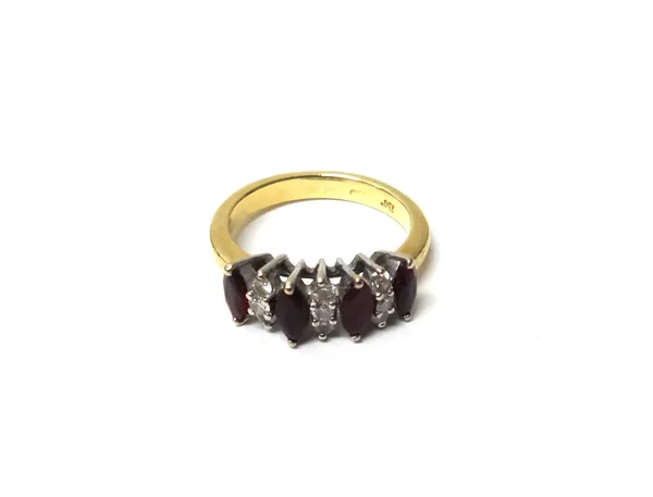 A gold, ruby and diamond set half hoop ring, mounted with four marquise shaped rubies and with three diamond set three stone divisions at intervals, d